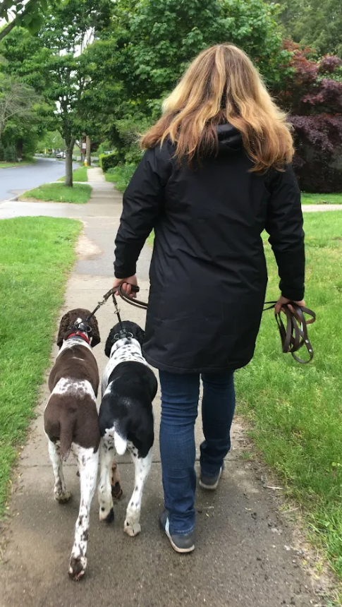 women jogging with two dogs